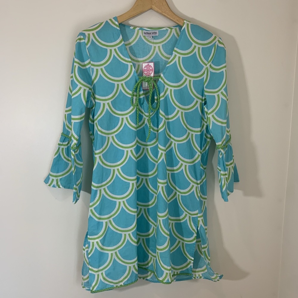 Buckhead Betties Womens Harbor Bae Tunic Top Medium Blue Green‎ Beachy Resort